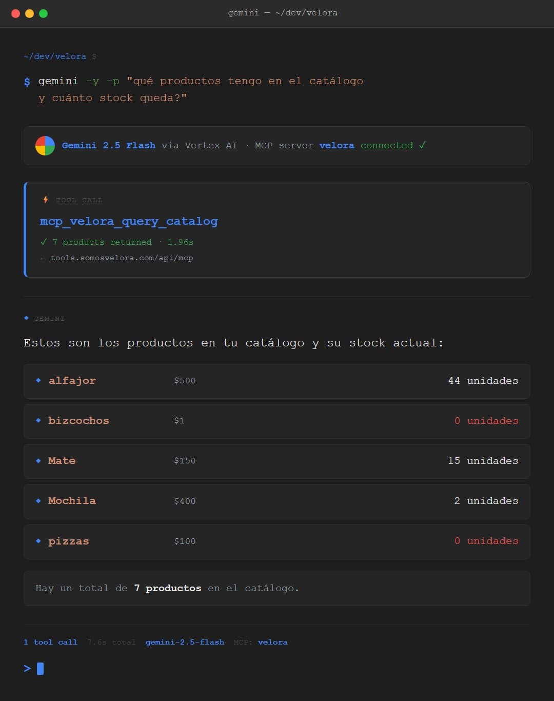 Sesión real de Gemini CLI consultando el catálogo de Velora vía MCP: Gemini llama a mcp_velora_query_catalog y lista los productos con stock en vivo